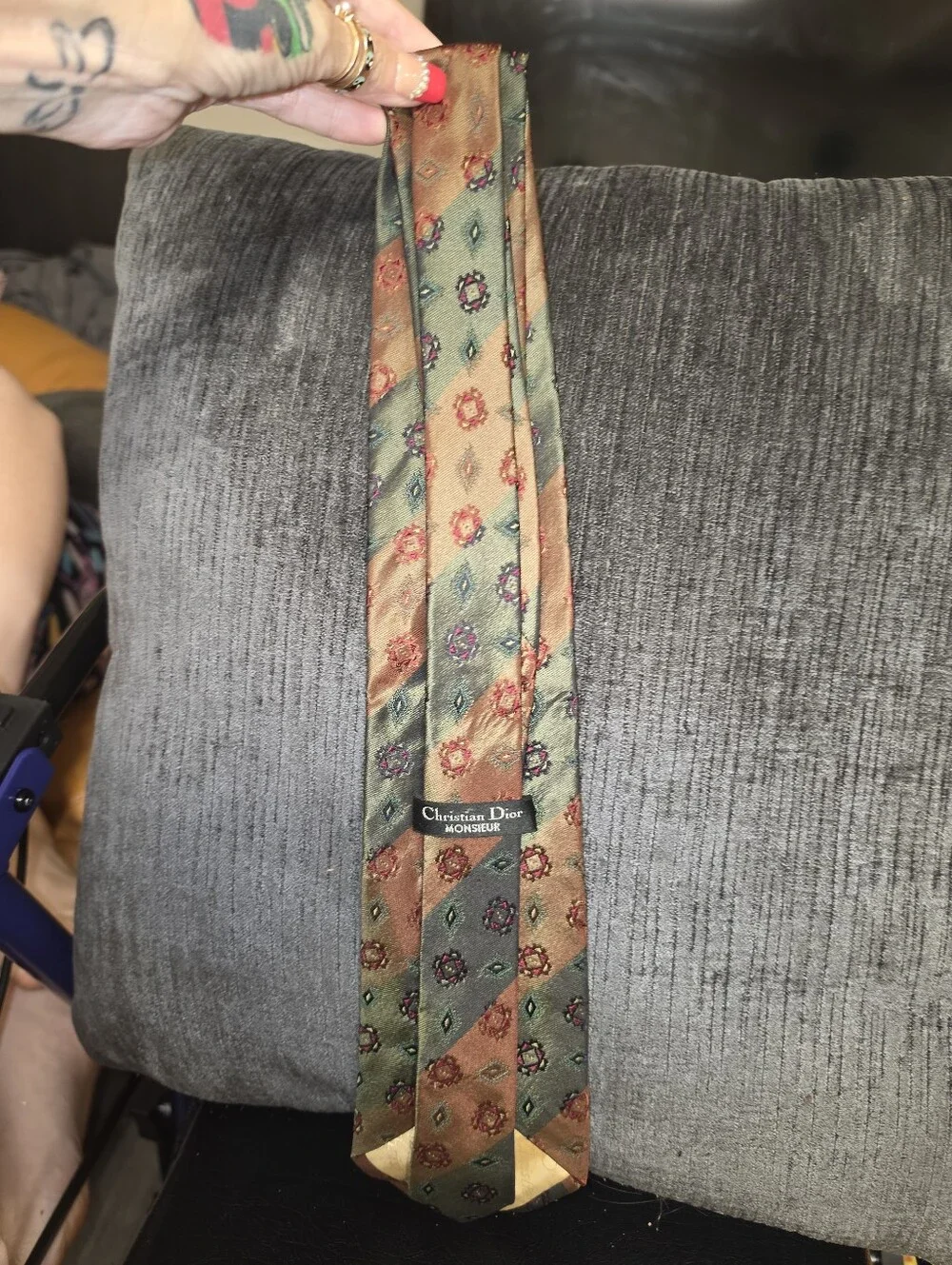 Christian Dior Striped Medallion Silk Tie in Green and Brown